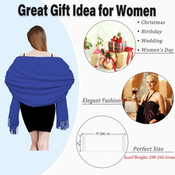 🆕 Women Blue Scarf Pashmina Shawl Evening Dress Wedding Winter Warm Large Wrap - Picture 4 of 7